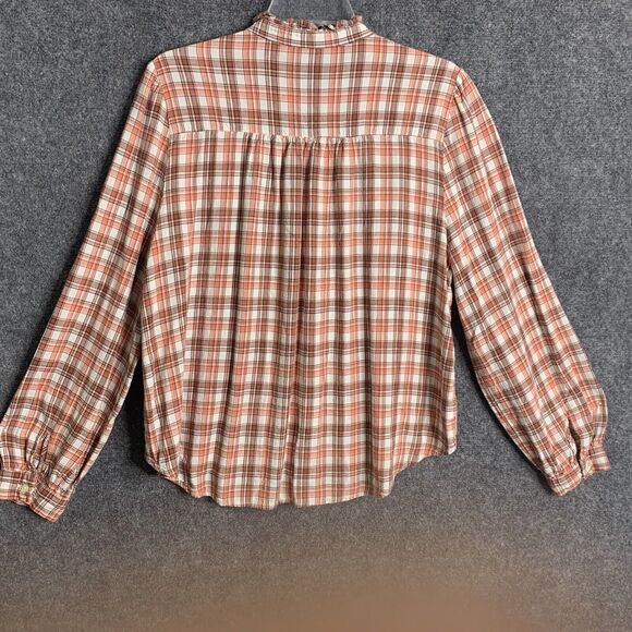 Loft Button Up Shirt Women L Ruffle Buttons & Hi Neck Orange Plaid Long Sleeve - Picture 11 of 16